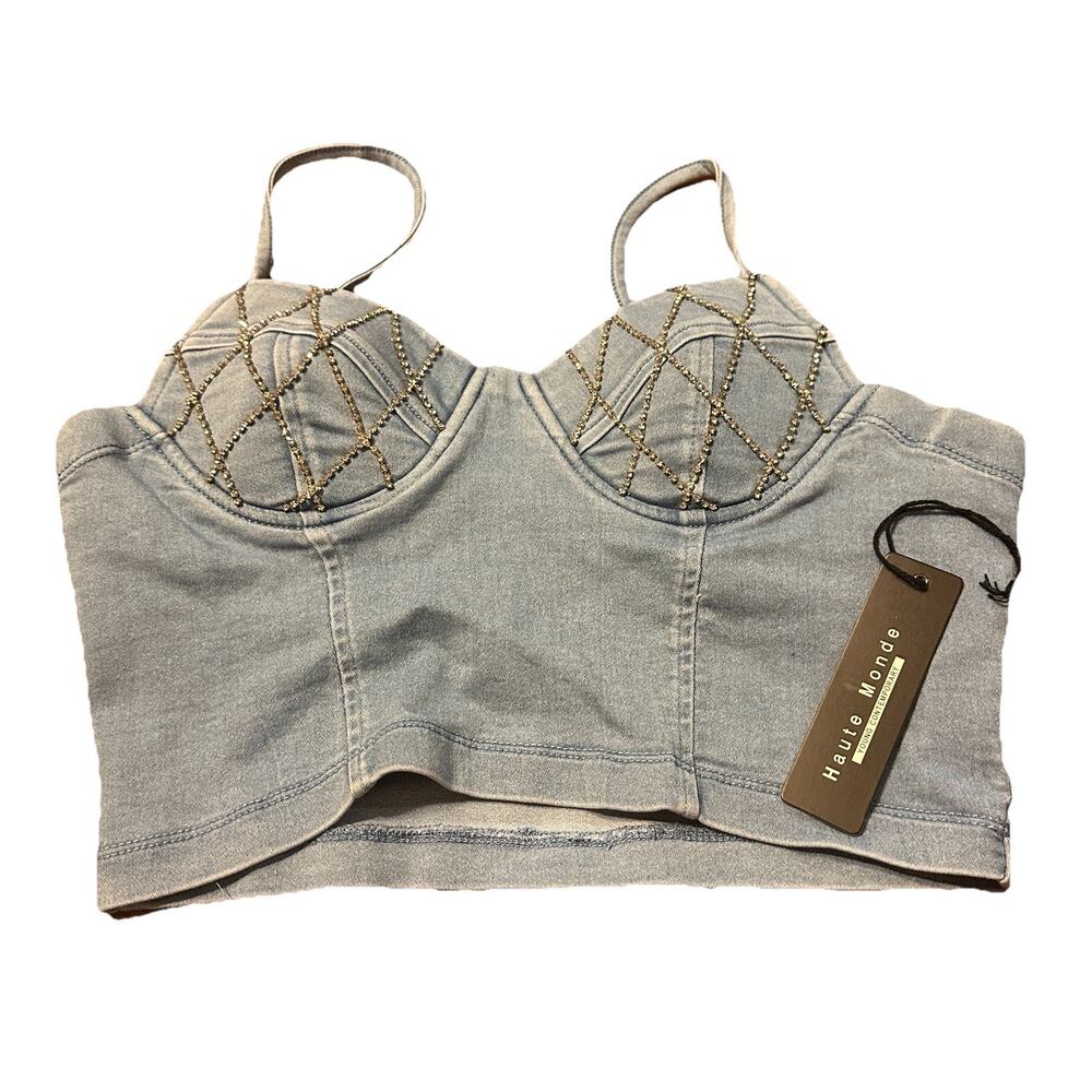 Denim Diamond Crop Bustier Bralette Top Women's L Hippy, rhinestones Haute Monde